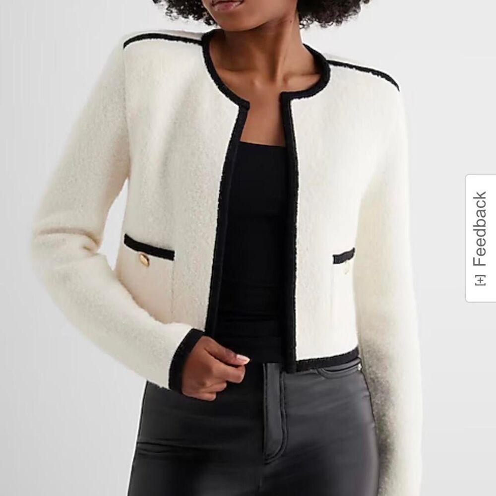 Express Women's White Knit Sweater Jacket with Black Trim and Gold Buttons S